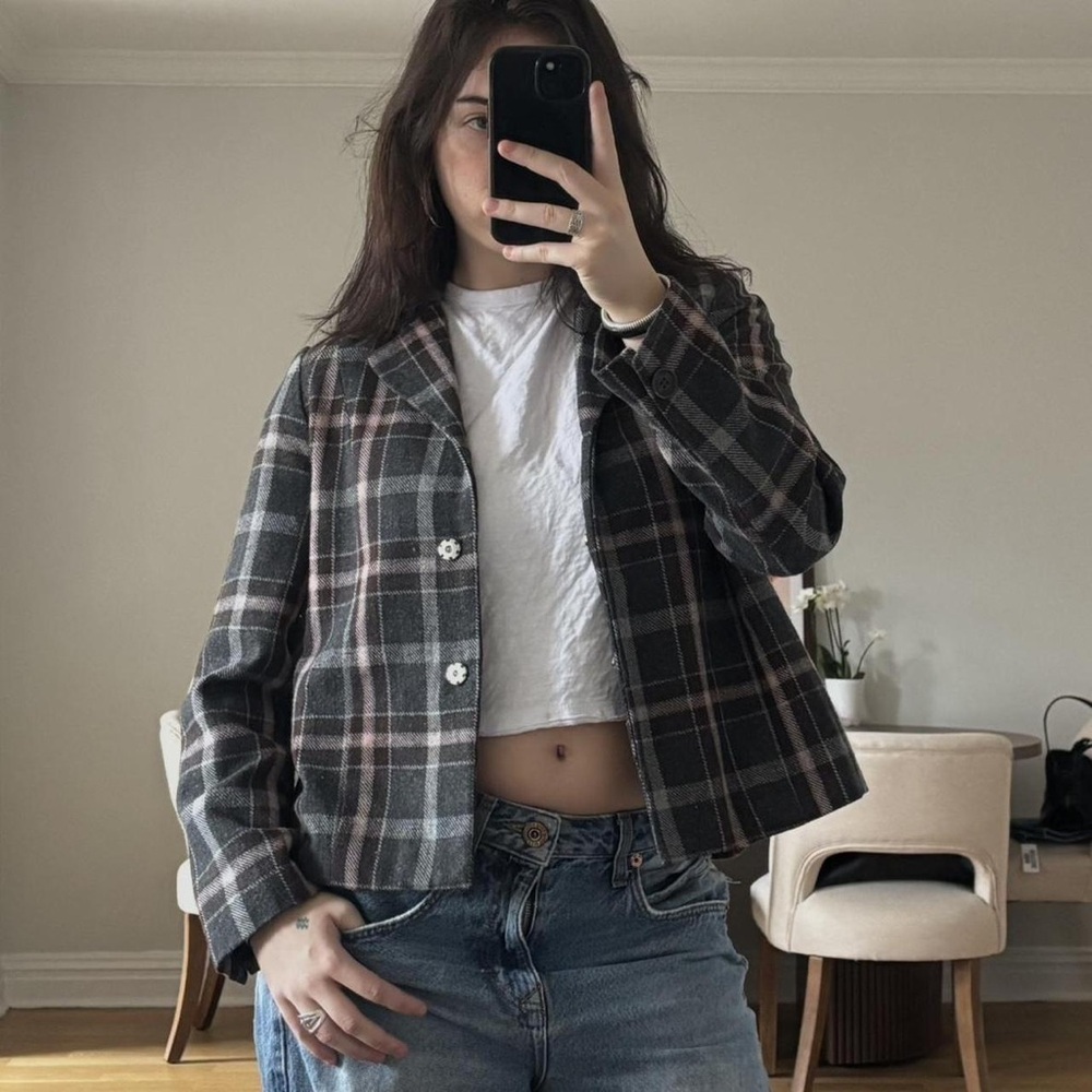 Beverly Hills Polo Club Plaid Crop Blazer in Charcoal, Taupe & Soft Pink